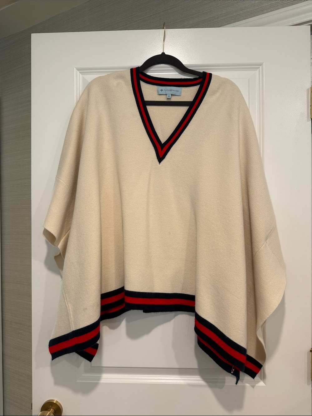 Tuckernuck Cream Poncho with Red and Navy Trim